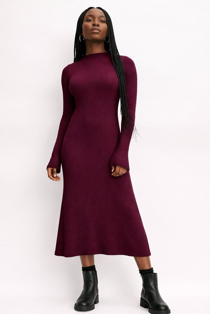 Everlane The Ribbed Mock Neck Burgundy Wine Midi Dress Minimalist Size Small NWT